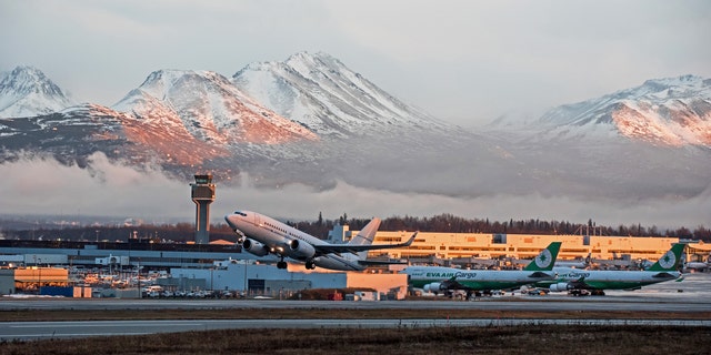 Aircraft depart from Ted Stevens Anchorage International Airport in Anchorage, Alaska.