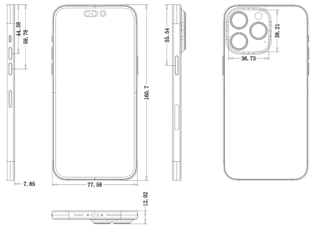 Leaked schematics of the iPhone 14 Pro.