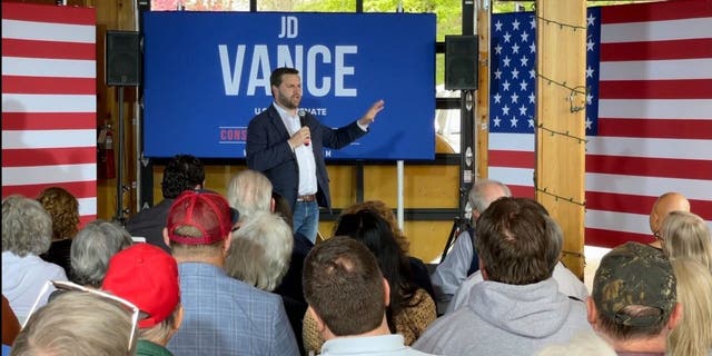 Ohio GOP Senate candidate J.D. Vance speaks at a rally in Newark, Ohio.