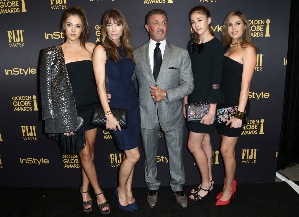 Jennifer Flavin, second left, Sylvester Stallone, center, and from left, their daughters Sistine Stallone, Scarlet Stallone and Sophia Stallone.