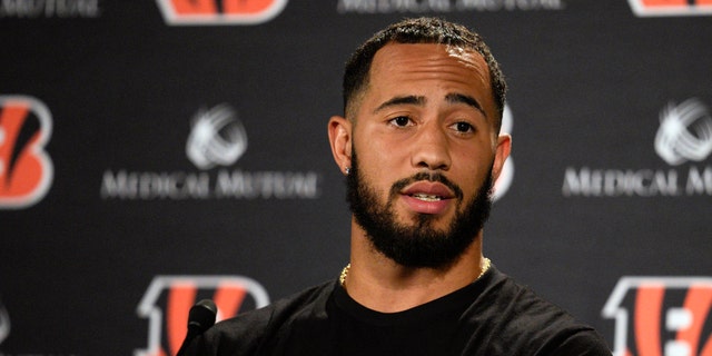 Cincinnati Bengals' Jessie Bates III speaks with reporters prior to a joint practice with the Los Angeles Rams at the team's NFL football training facility, Wednesday, Aug. 24, 2022, in Cincinnati.