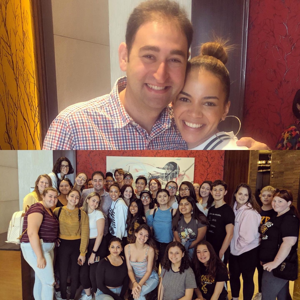 High school music teacher Brandon Monse said his former student Grace (with him, top) made younger students' visit to New York City extra special.