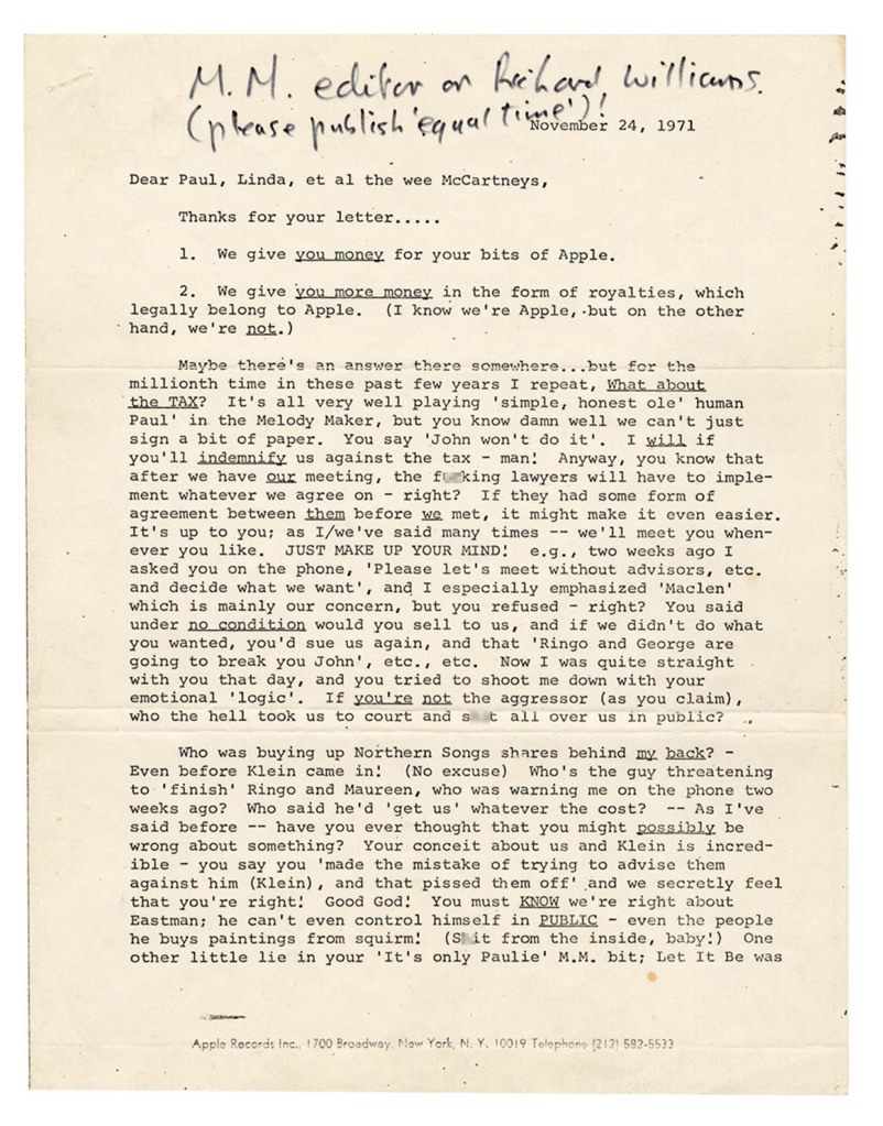 An angry letter written by the rocker to former bandmate Paul McCartney is expected to fetch up to $40,000 at auction.