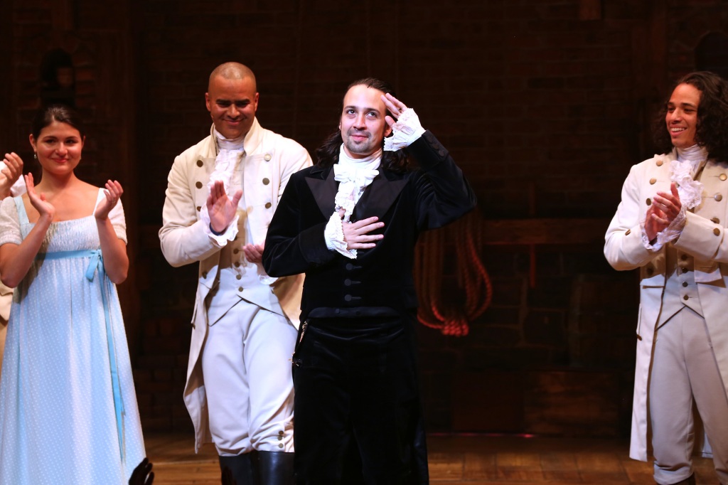Lin-Manuel Miranda with cast during his final performance curtain call of 'Hamilton' on Broadway at Richard Rodgers Theatre on July 9, 2016 in New York City. 