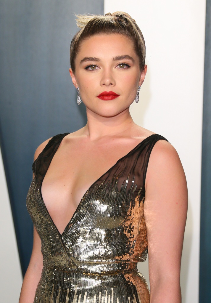 British actress Florence Pugh attends the 2020 Vanity Fair Oscar Party following the 92nd Oscars at The Wallis Annenberg Center for the Performing Arts in Beverly Hills on February 9, 2020. (Photo by Jean-Baptiste Lacroix / AFP) (Photo by JEAN-BAPTISTE LACROIX/AFP via Getty Images)