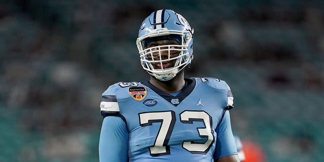 Marcus McKethan of the North Carolina Tar Heels in a game against the Texas A and M Aggies during the Capital One Orange Bowl at Hard Rock Stadium Jan. 2, 2021, in Miami Gardens, Fla.