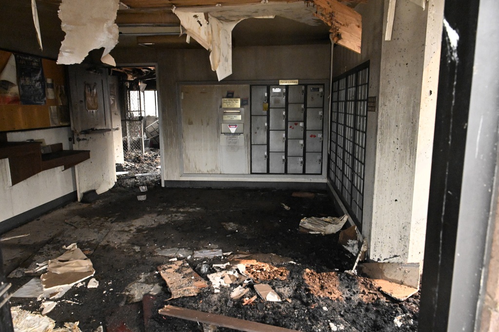 The inside of the burned United States Post Office in the unincorporated community of Klamath River after it was burned 