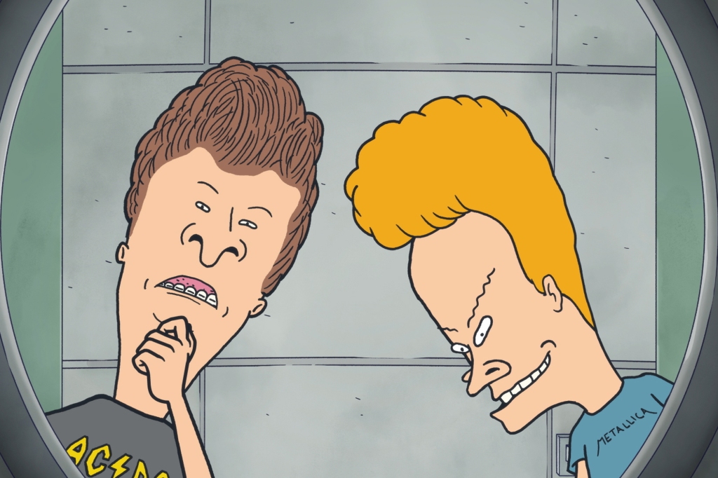 Beavis and Butt-Head are looking into what appears to be a barrel and pondering a situation. Butt-Head has his hand on his chin, like he's thinking.