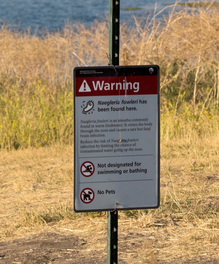 A sign warning of potential dangers in the water. 