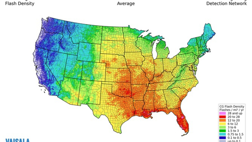 Cloud-to-ground lightning density map. 