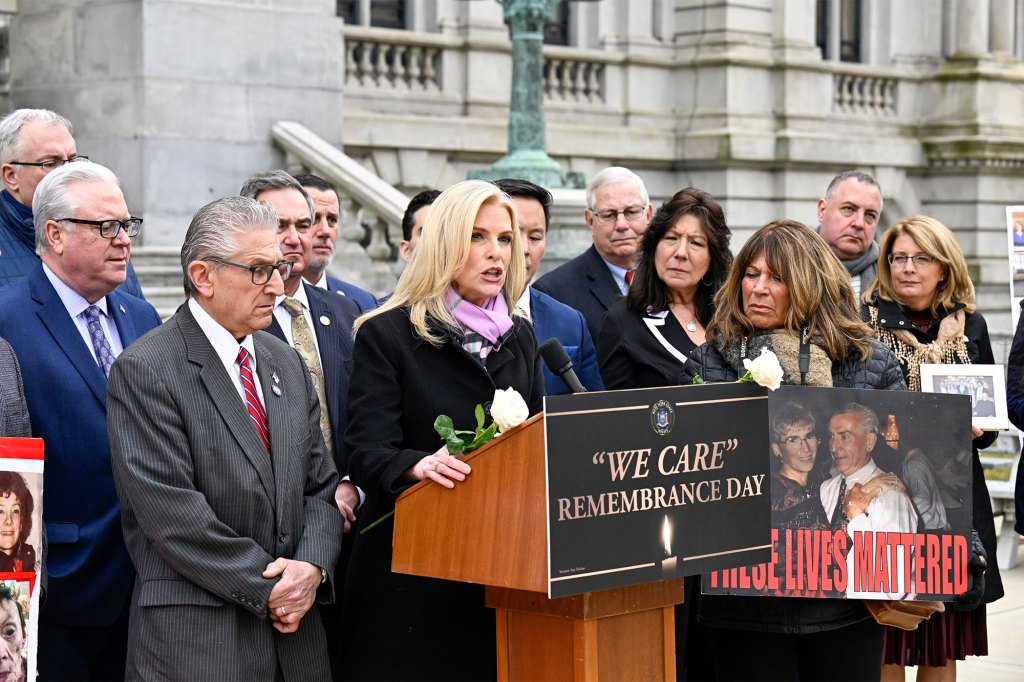 Fox News, meteorologist Janice Dean, center, speaks as Families join Lawmakers to honor the lives of New York residents who died in nursing homes during the COVID-19 pandemic.