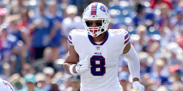 O.J. Howard of the Buffalo Bills is shown during the first quarter of a preseason game against the Denver Broncos at Highmark Stadium in Orchard Park, New York, on Aug. 20, 2022.