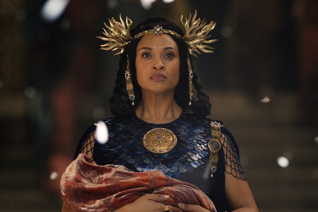 Cynthia Addai-Robinson as Queen Regent Míriel  wearing a crown looking serious in "The Lord of the Rings: The Rings of Power." 