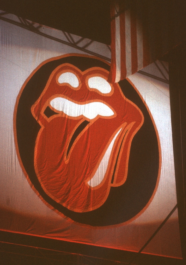 The iconic logo hands above the stage during one of the band's concert in 1975.