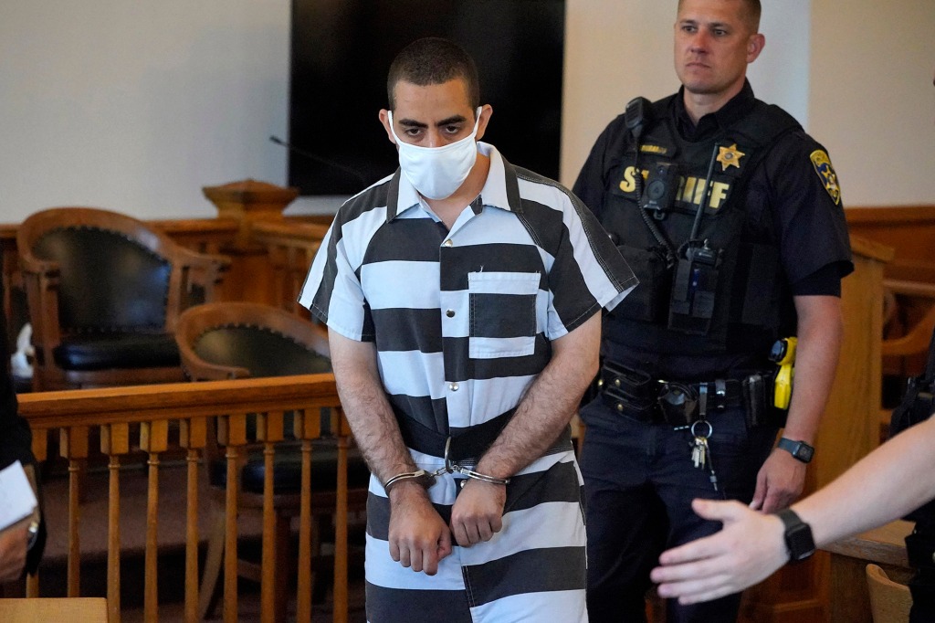 Hadi Matar arrives for an arraignment in the Chautauqua County Courthouse in Mayville, N.Y., Saturday, August  13, 2022.