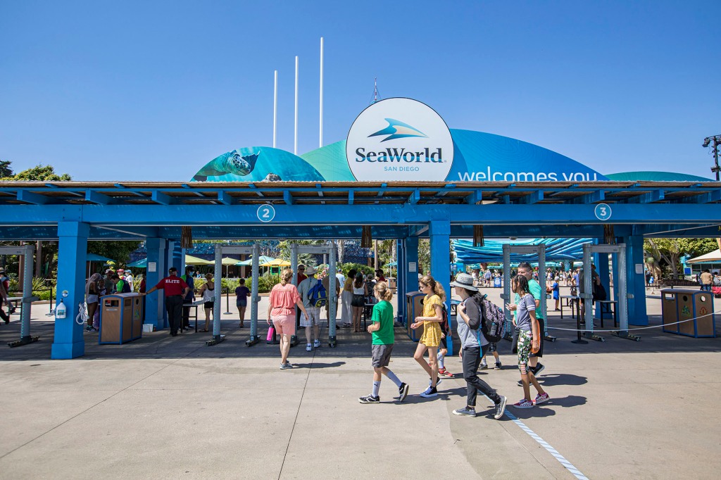 Guests ride the Bayside Skyride at SeaWorld on July 20, 2021 in San Diego, California.