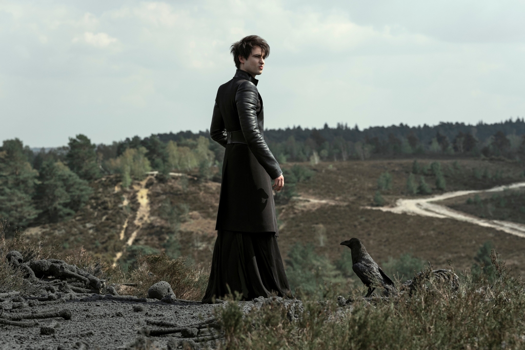 Tom Sturridge as Dream stands in a field with a raven in "The Sandman." 