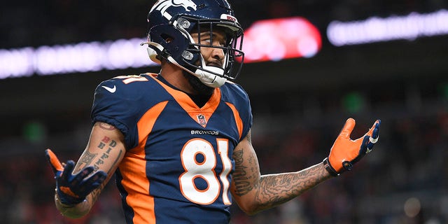 Tim Patrick of the Denver Broncos reacts after a non-penalty call during the second half against the Kansas City Chiefs at Empower Field at Mile High, Jan. 8, 2022, in Denver, Colorado.