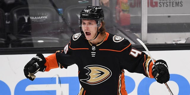 Anaheim Ducks center Trevor Zegras reacts after scoring a goal in the third period against the Washington Capitals at the Honda Center in Anaheim, California, Nov. 16, 2021.