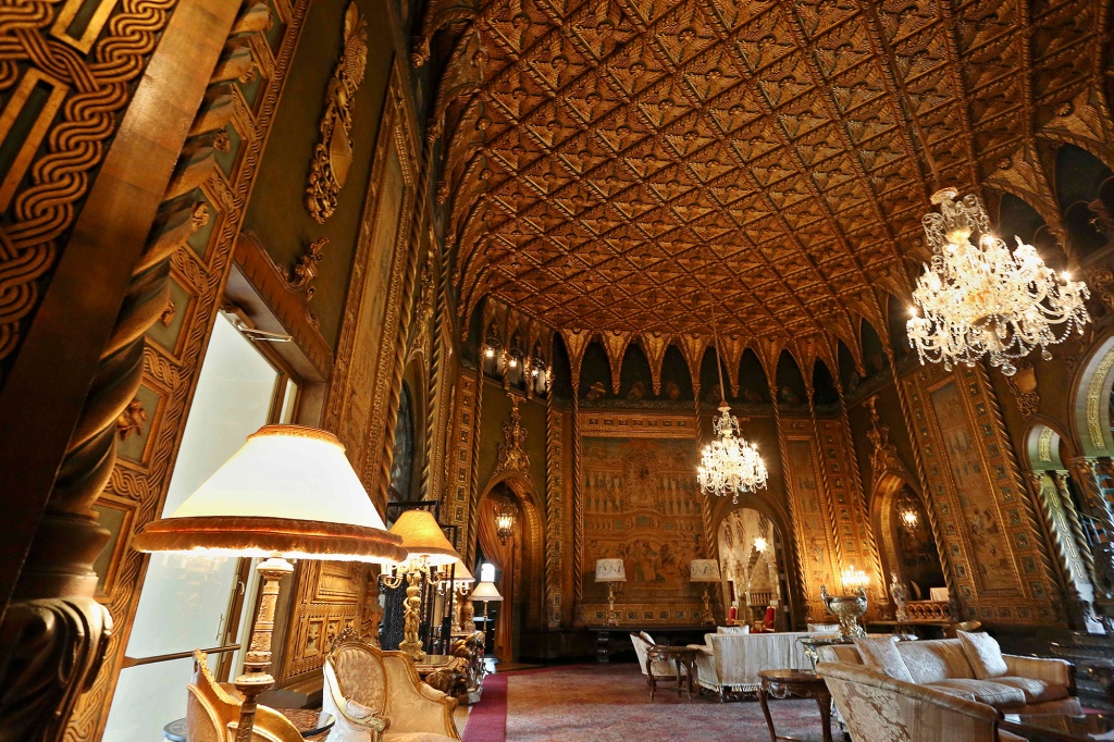 The main living room area of the historic Mar-a-Lago estate in Palm Beach can be seen.