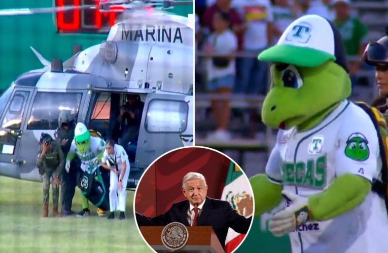 Mexico president Andres Manuel Lopez Obrador uses helicopter to fly in mascot for baseball game