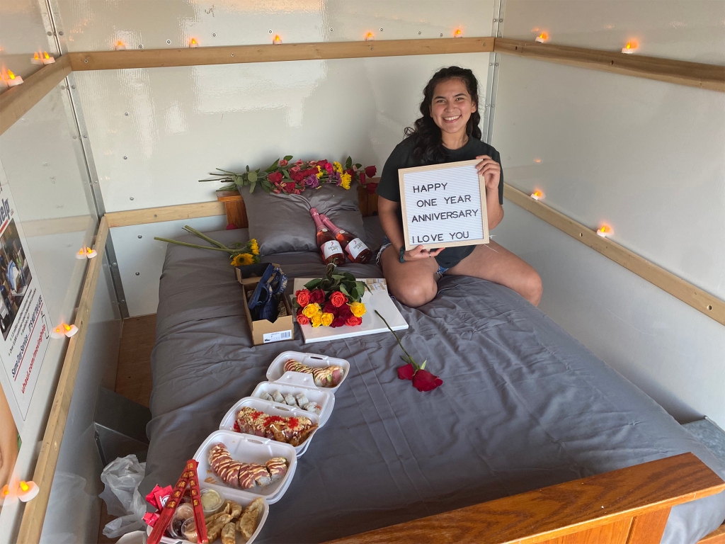 Haskin shocked his girlfriend of three years with a surprise anniversary dinner in a U-Haul box truck back in 2020.