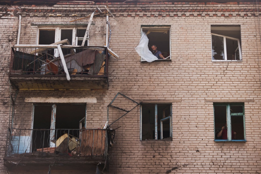 A building damaged by Russian shelling in Slovyansk in the Donetsk region of Ukraine on August 28, 2022.