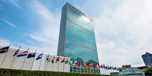 UN Headquarters in a summer day. Many flags are blowing this means that the assembly is meeting