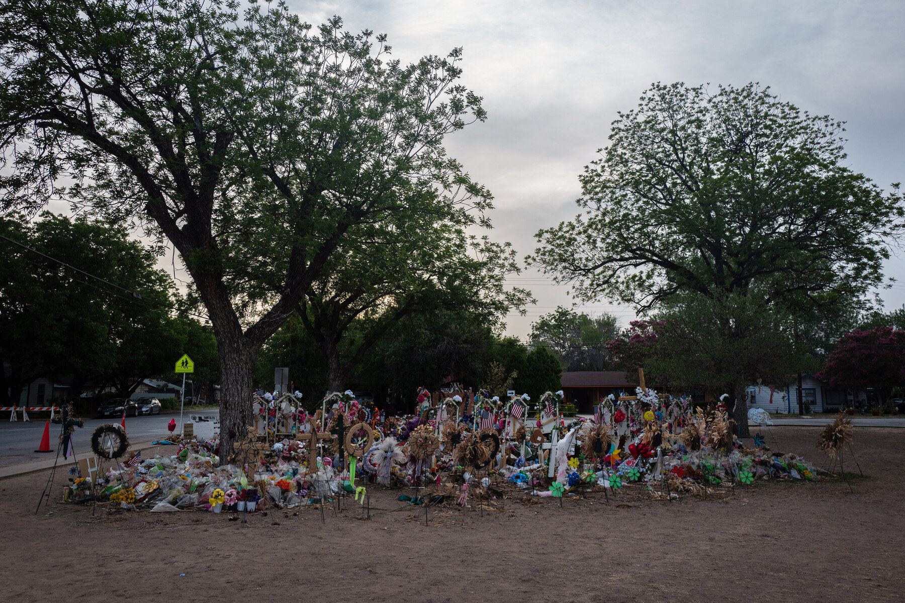 The memorial outside Robb Elementary School, three weeks after the shooting.