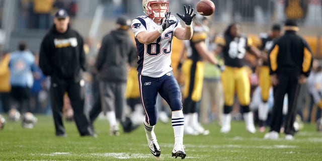 New England Patriots' Wes Welker catches pass during warmups before a game versus the Pittsburgh Steelers at Heinz Field in 2011.