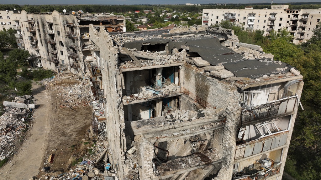 destroyed residential buildings are captured in Izium, Ukraine on Sept. 20, 2022.