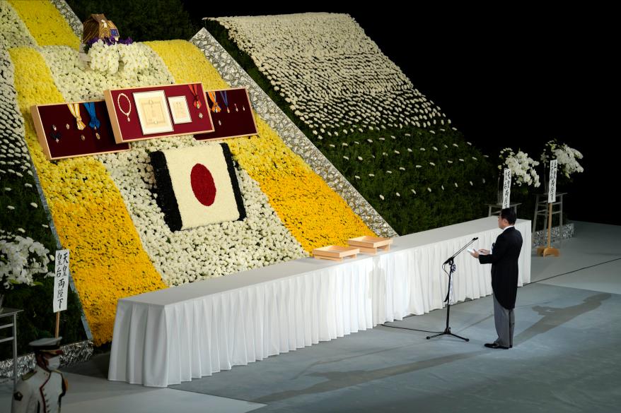 Japan's Prime Minister Fumio Kishida speaks during the state funeral for Shinzo Abe on Sept. 27, 2022 in Tokyo, Japan.
