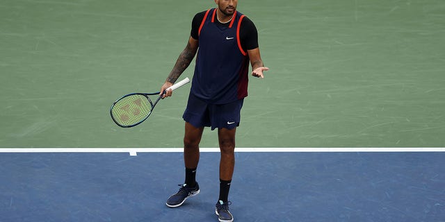 Nick Kyrgios of Australia reacting during a match against Benjamin Bonzi of France Aug. 31, 2022, in the U.S. Open.