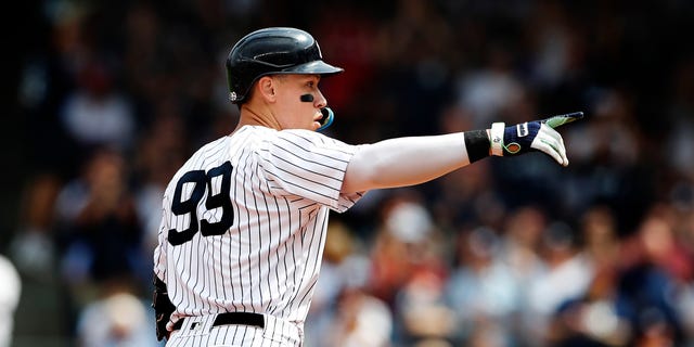 New York Yankees right fielder Aaron Judge reacts after hitting a double against the Minnesota Twins in New York on Sept. 5, 2022.