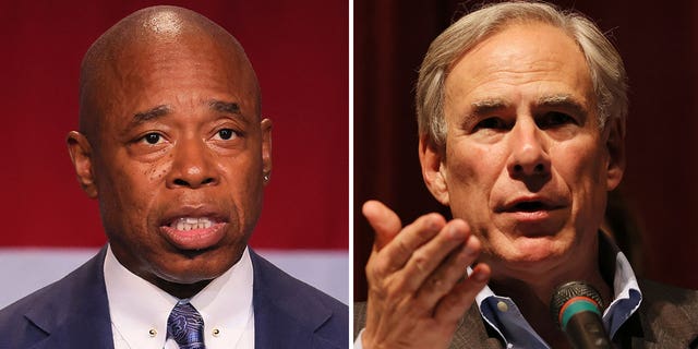 New York City Mayor Eric Adams, left, and Texas Gov. Greg Abbott have feuded over immigration. 