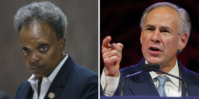 Mayor Lori Lightfoot at a City Council meeting on July 20, 2022/Gov. Greg Abbott speaks at the Republican Party of Texas State Convention at the Kay Bailey Hutchison Convention Center in Dallas, Texas. 