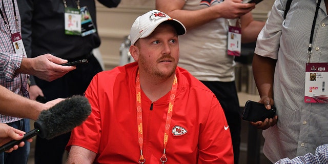 Britt Reid Linebackers coach for the Kansas City Chiefs speaks to the media during the Kansas City Chiefs media availability prior to Super Bowl LIV at the JW Marriott Turnberry on January 29, 2020 in Aventura, Florida.