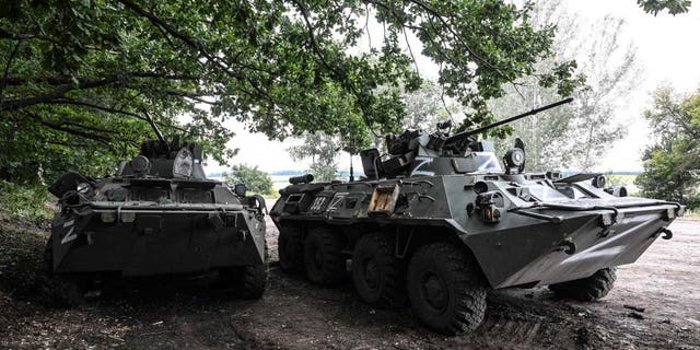 This photograph taken in Balakliya, Kharkiv region, on Sept. 10, 2022 shows a Russian BTR-80 armoured vehicle. 