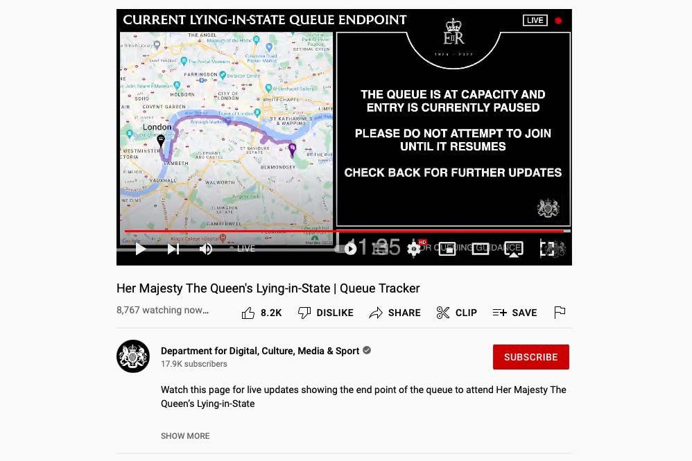 A screenshot of the government’s YouTube queue tracker.