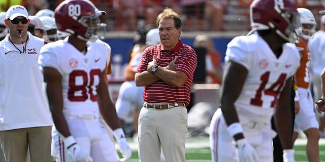 Alabama head coach Nick Saban looks on prior to game vs Texas at Darrell K Royal-Texas Memorial Stadium in Austin, Texas, Sept. 10, 2022. 