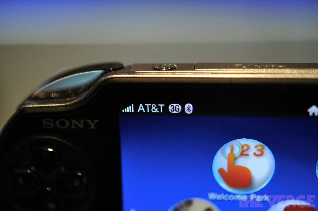 A PS Vita’s display showing that it’s connected via 3G to AT&amp;T’s service in 2012