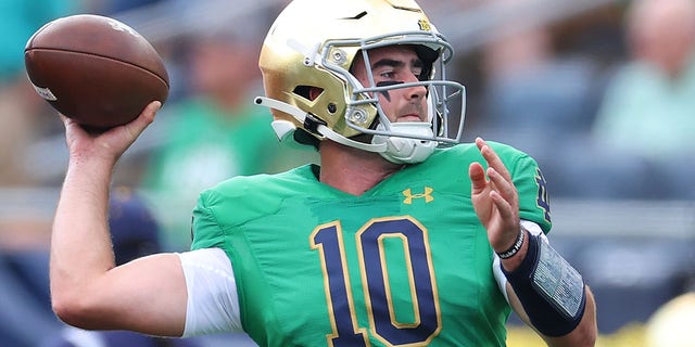 Drew Pyne #10 of the Notre Dame Fighting Irish warms up prior to the game against the California Golden Bears at Notre Dame Stadium on September 17, 2022 in South Bend, Indiana.