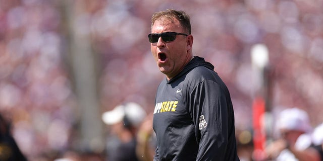  Head coach Shawn Clark of the Appalachian State Mountaineers reacts to a pass interference call during the first half against the Texas A&amp;M Aggies at Kyle Field on September 10, 2022 in College Station, Texas. 