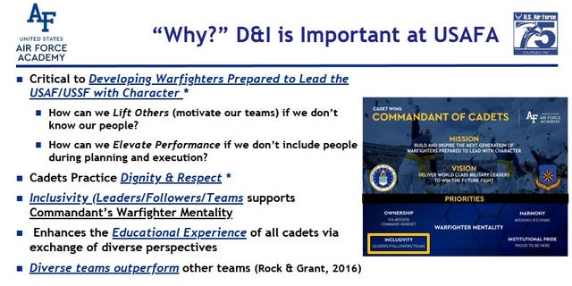 A slide presentation by the United States Air Force Academy in Colorado, titled, "Diversity and Inclusion: What it is, why we care, and what we can do."