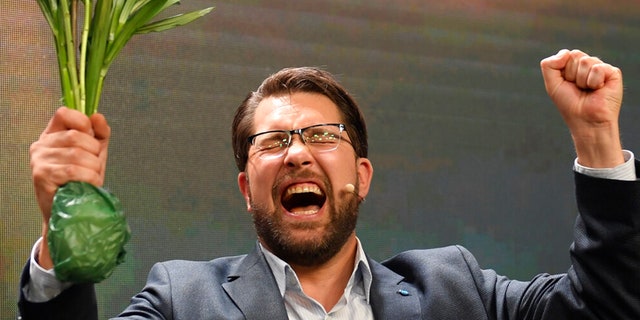 The leader of the Sweden Democrats, Jimmie Åkesson, delivers a speech at the party's election watch in Nacka, near Stockholm, Sept. 12, 2022.