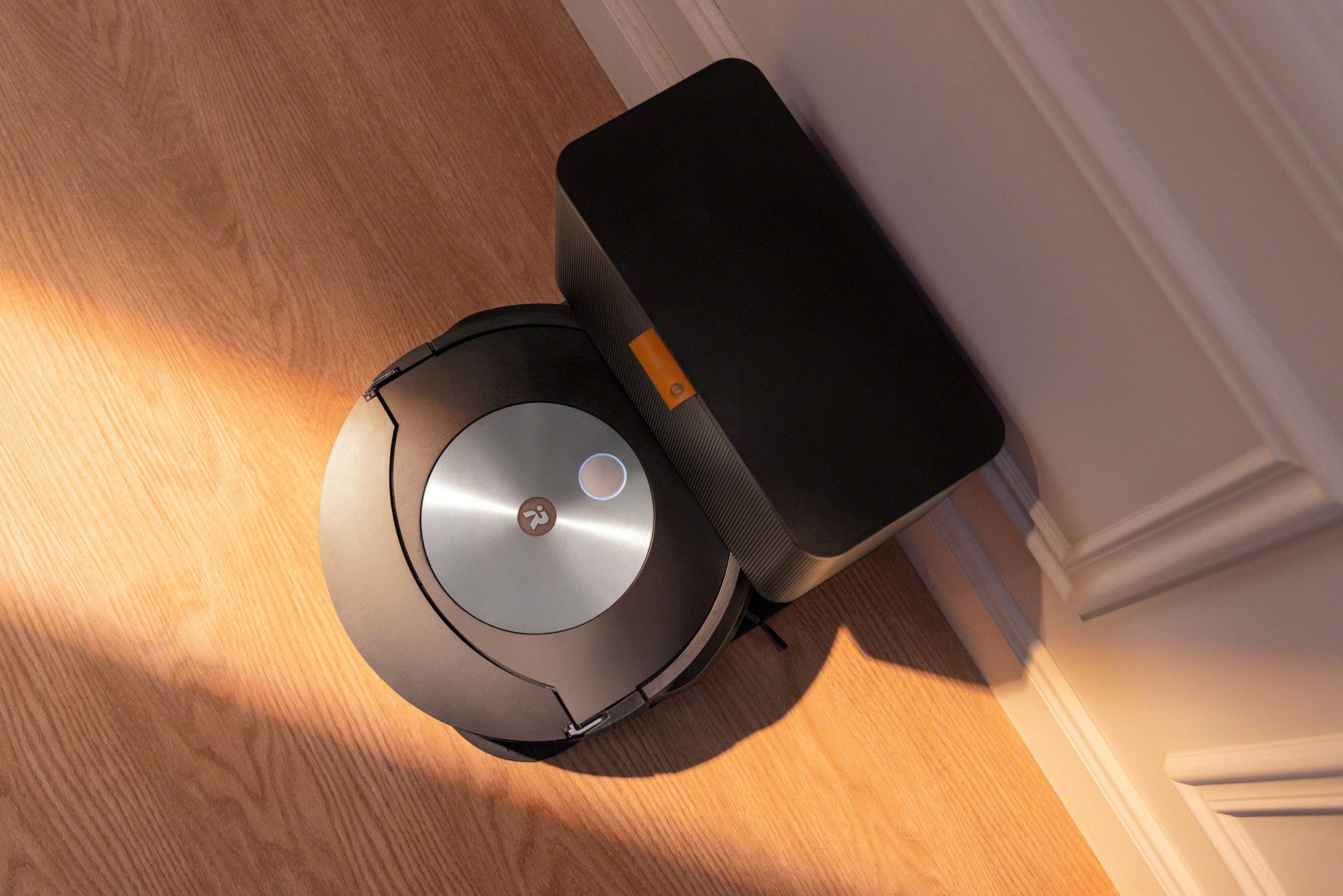 The new robot vacuum and mop works with iRobot’s Clean Base to automatically empty the bin.