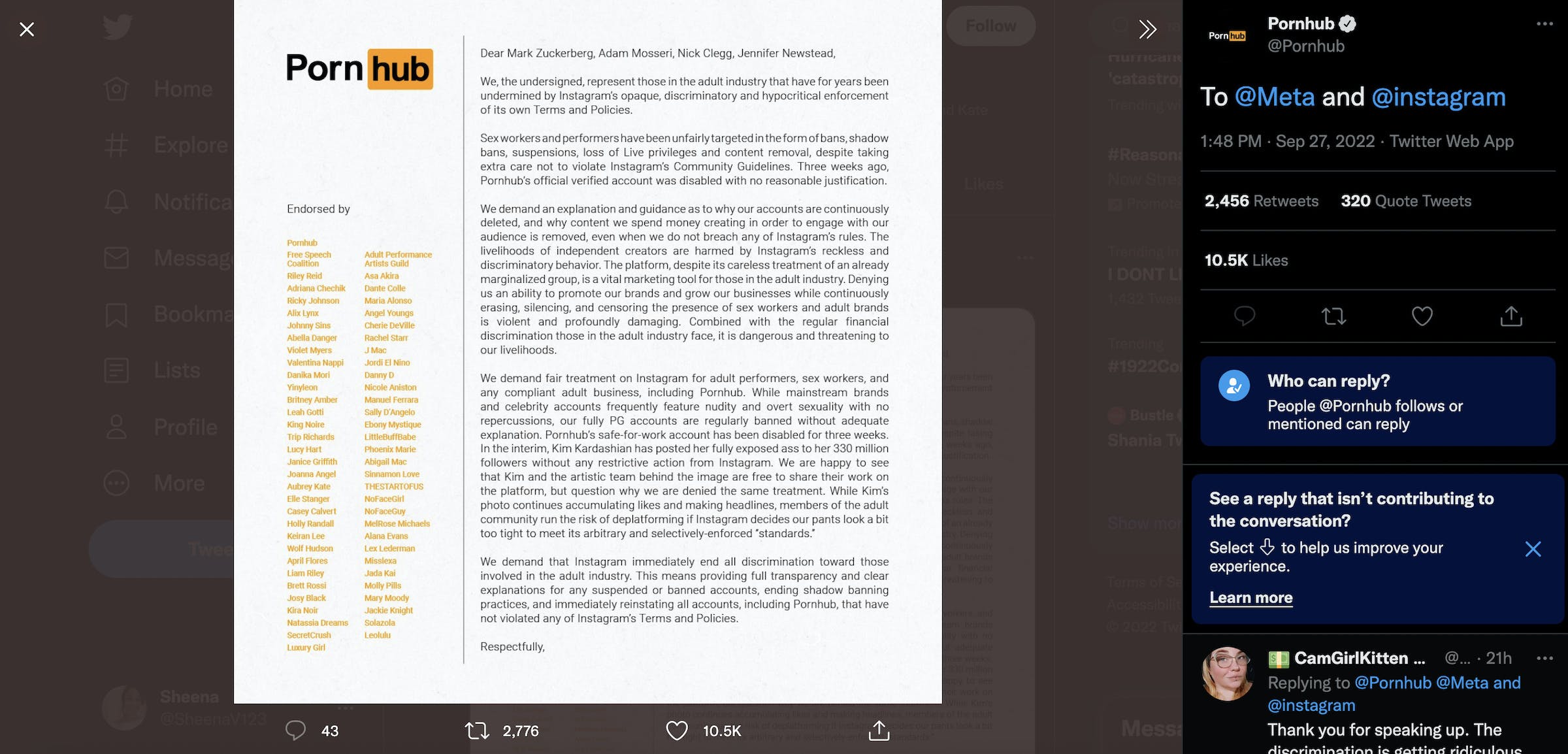 A screenshot of Pornhub’s open letter on Twitter.