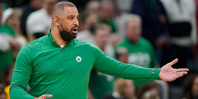 Boston Celtics coach Ime Udoka reacts during the fourth quarter of Game 6 of the NBA Finals against the Golden State Warriors June 16, 2022, in Boston.