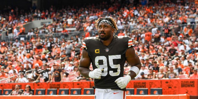 Myles Garrett of the Cleveland Browns runs onto the field against the New York Jets at FirstEnergy Stadium on Sept. 18, 2022, in Cleveland.