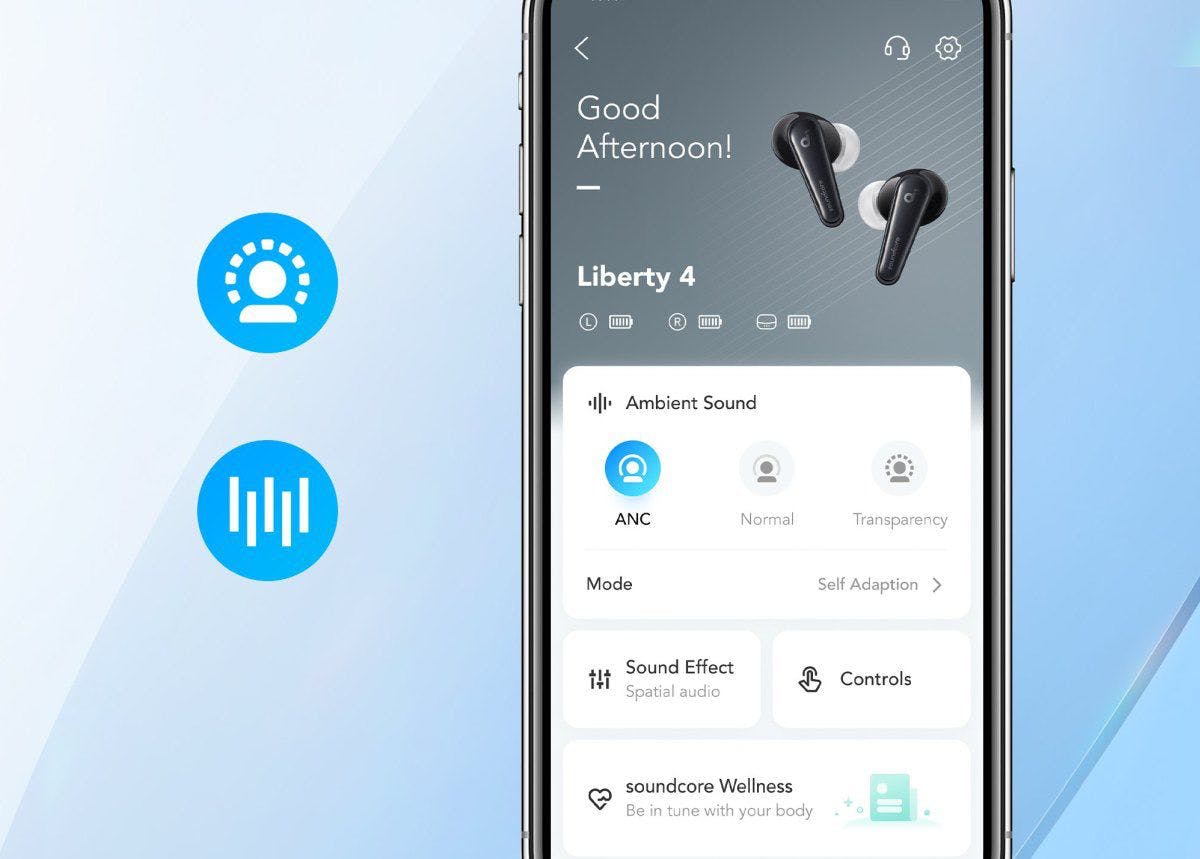 Soundcore app shown, with sound settings and link to Wellness tracking